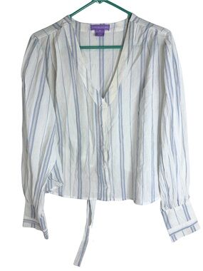 Lotus & Lavender Blue & White Striped Button Down V-Neck Blouse Size XL